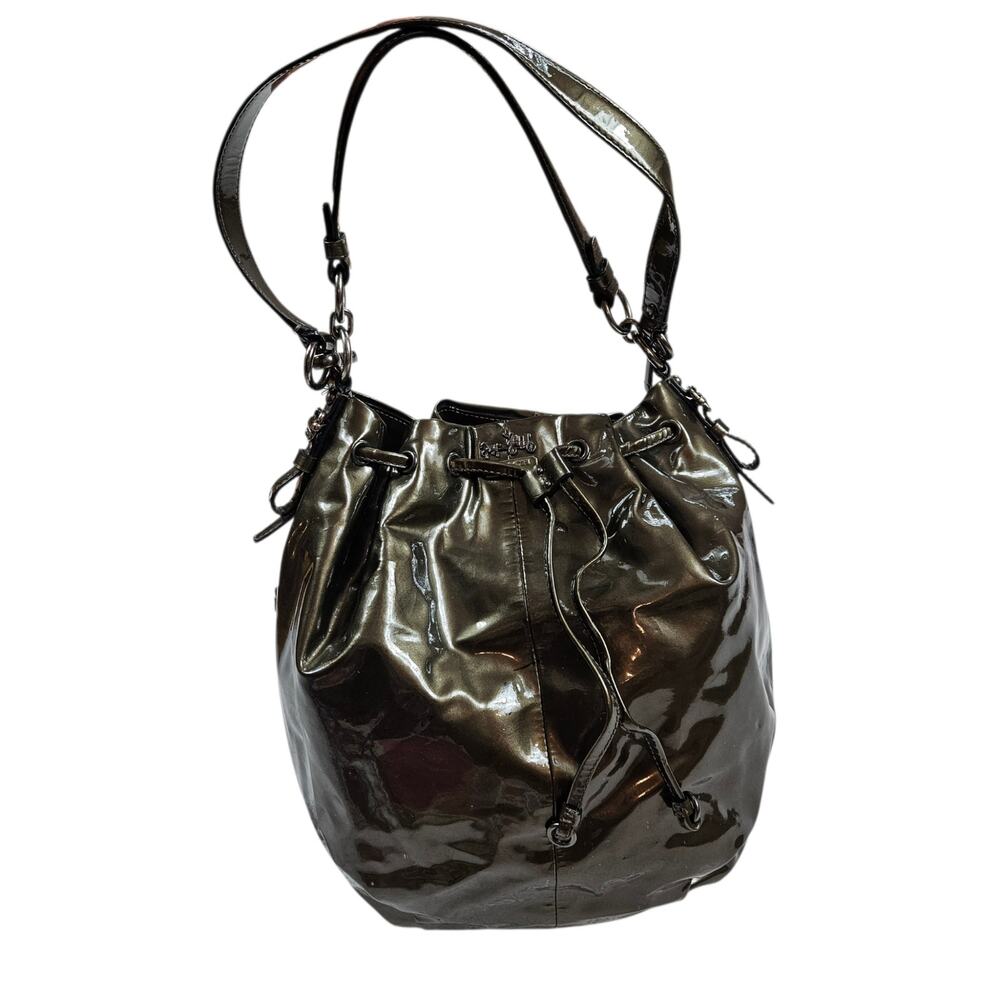 Coach Madison Marielle Drawstring Tote Bag Pewter Patent Leather - Picture 10 of 12